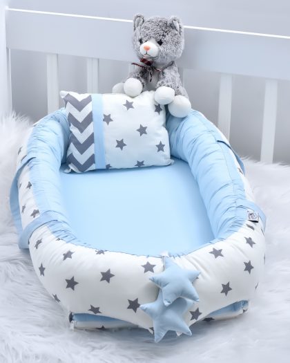 Babynest Mavi Renk Yıldızlı Desen Anne Yanı Yatağı